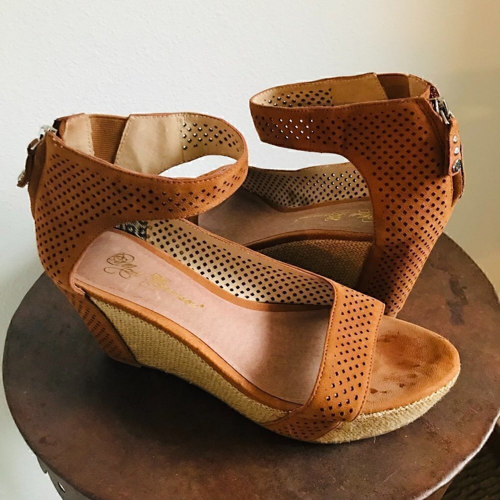 Matt Bernson Brown Leather Charlie Raffia Wedge Sandals Size 8